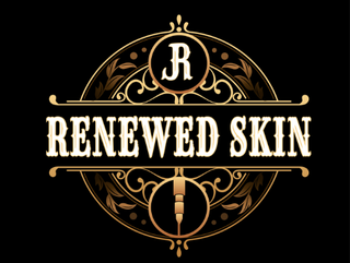 Logo for Renewed Skin, a tattoo parlor. Features stylized gold lettering and design on a black background.
