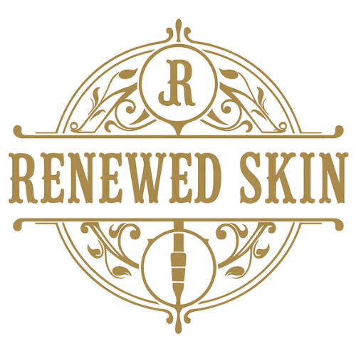 Golden logo for Renewed Skin, featuring text and ornate circular design elements.