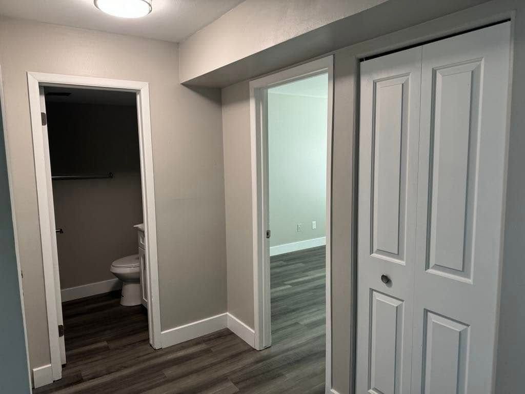 Hallway with doors to a bathroom, bedroom, and closet; gray walls, white trim, and wood-look flooring.