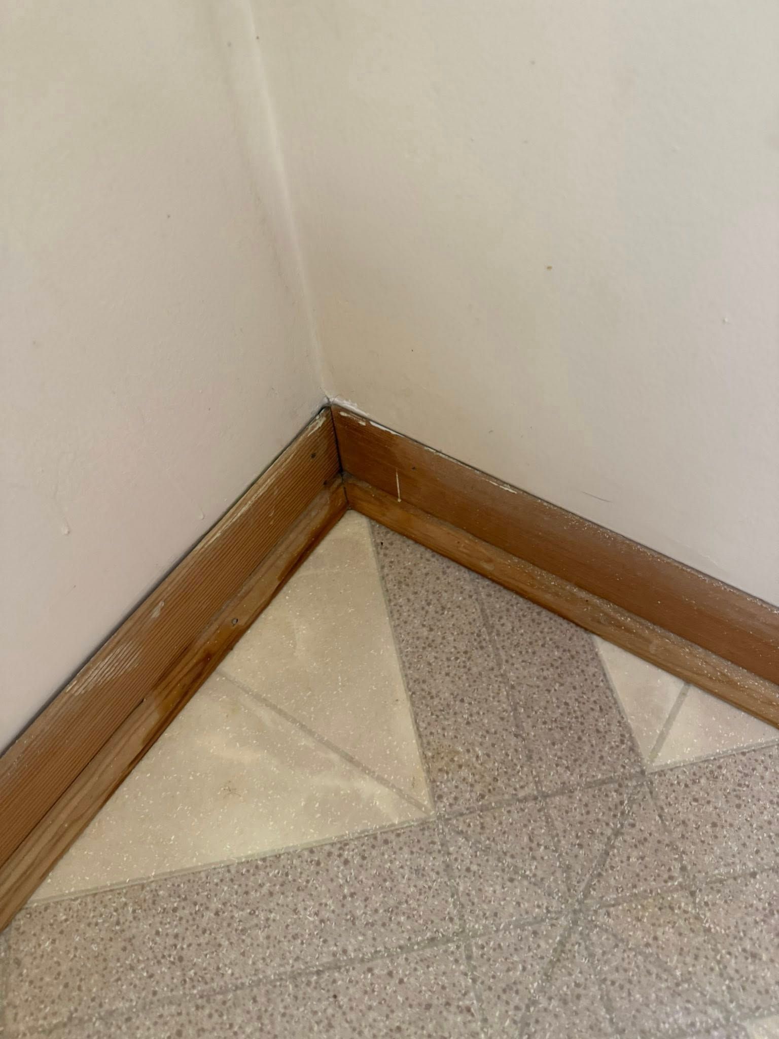 Wooden trim along walls and terrazzo floor, corner view.