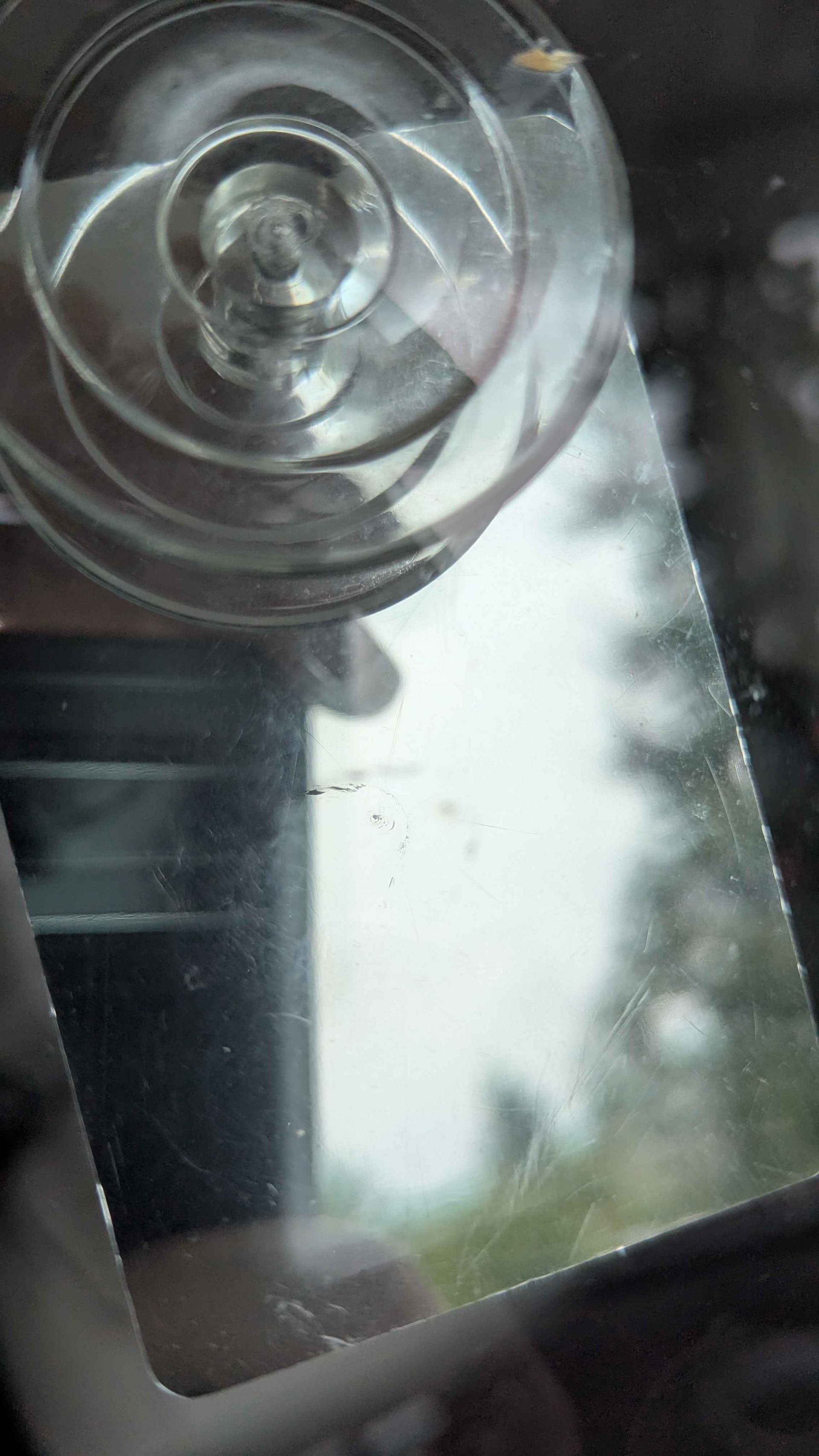 Glass suction cup on a clear, rectangular sheet, reflecting a blurry outdoor scene.