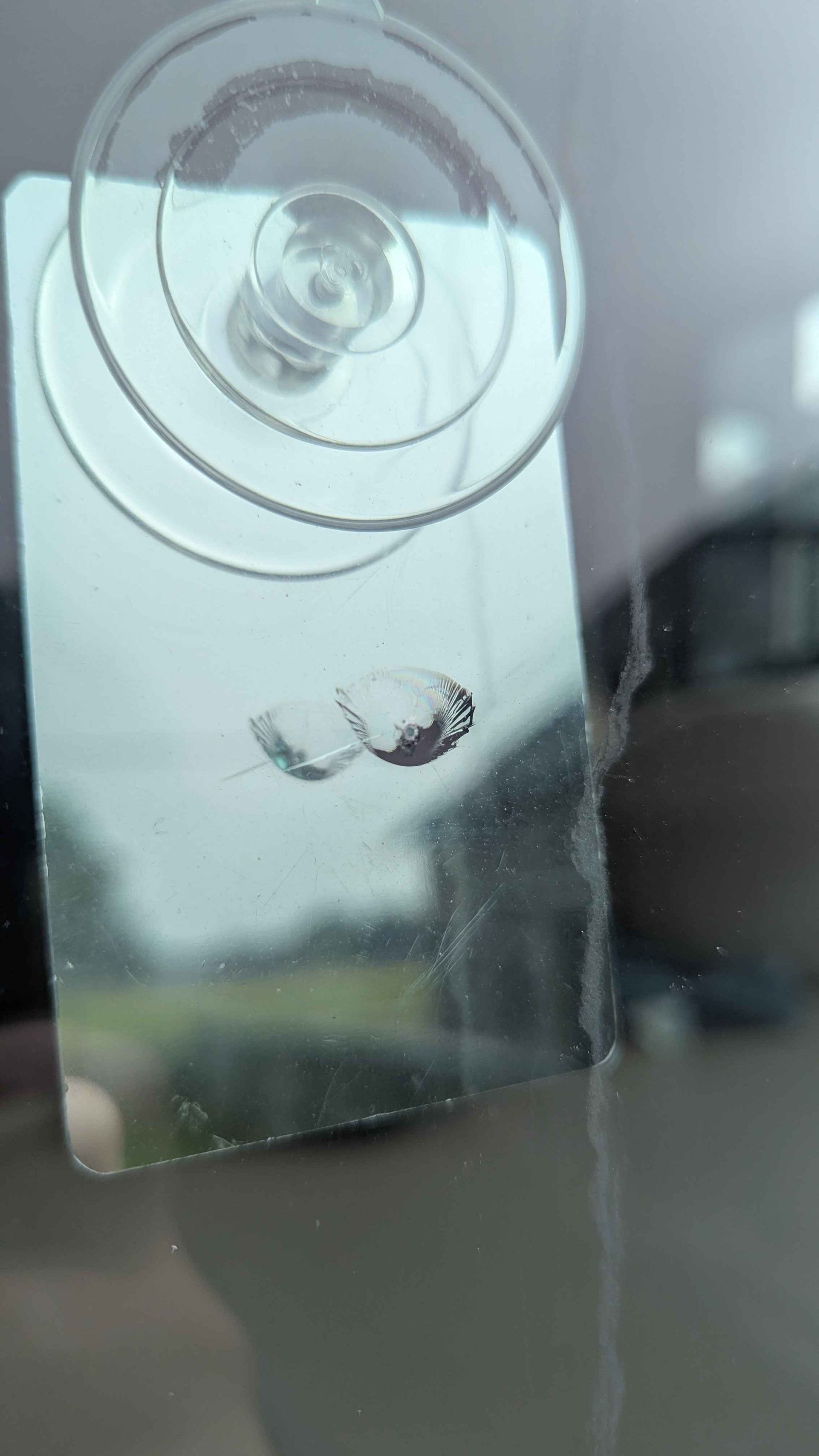 A rectangular mirror with two visible bubbles and a crack is attached to a glass surface with a suction cup.