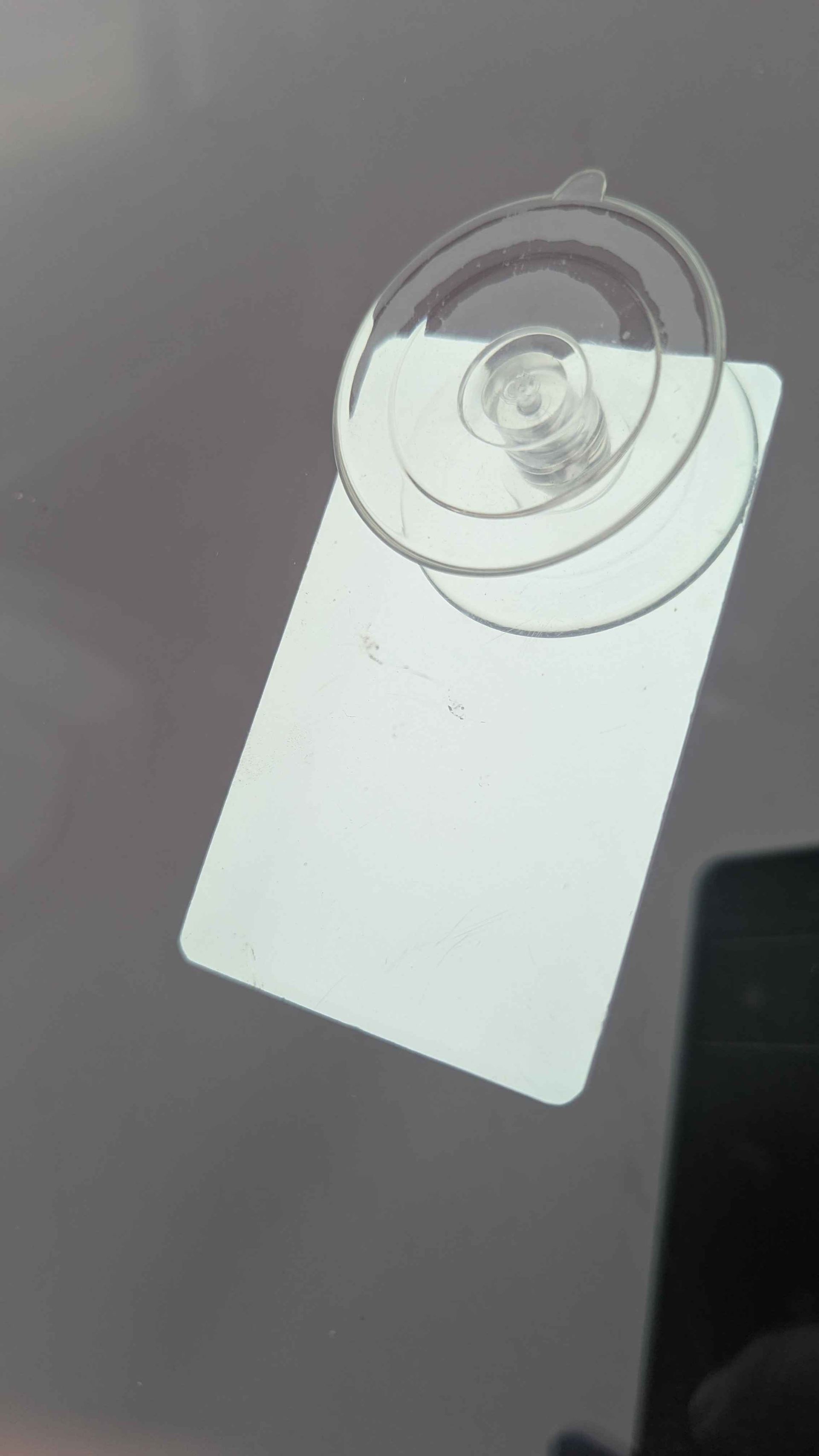 White rectangular card with a clear suction cup attached; stuck to a window.