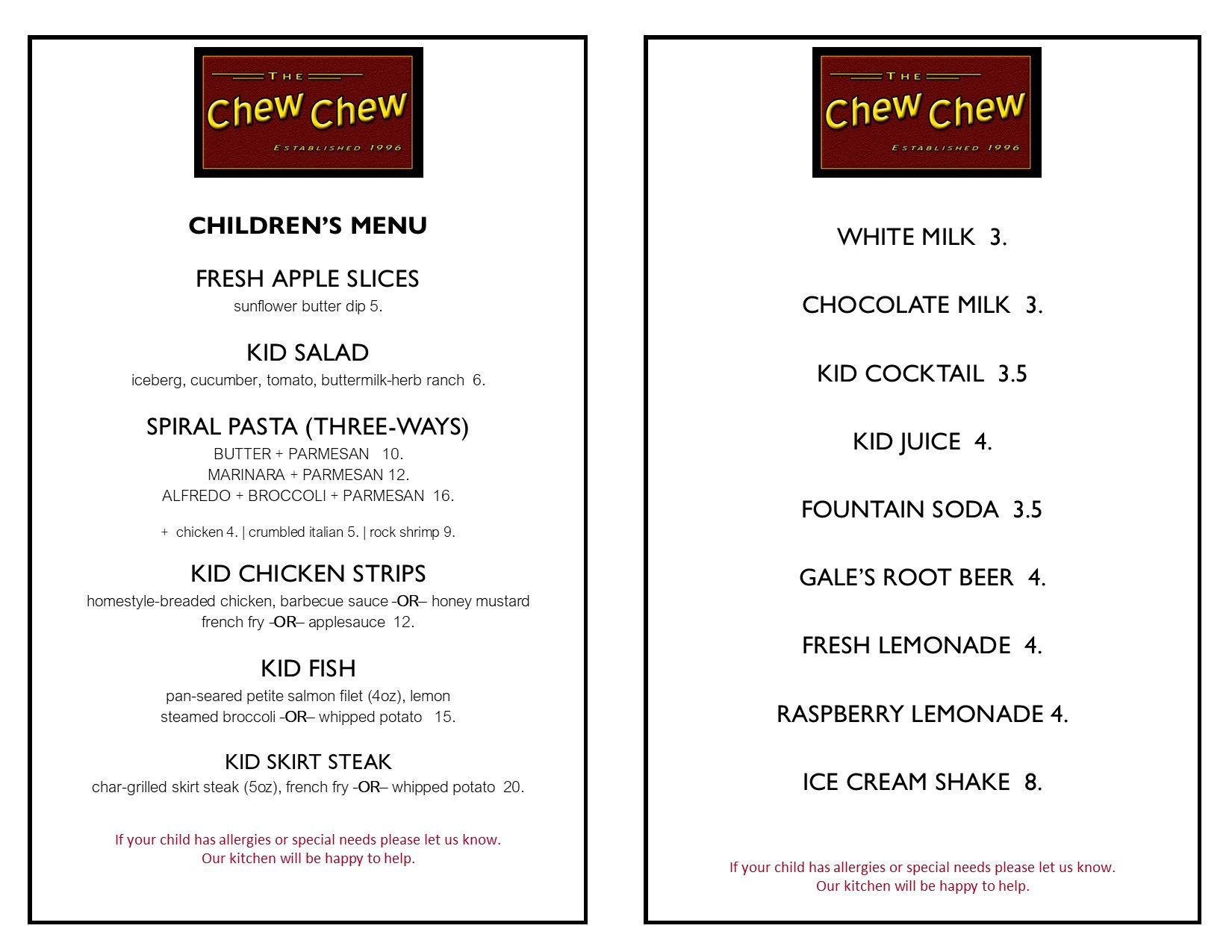 Two-page menu for 