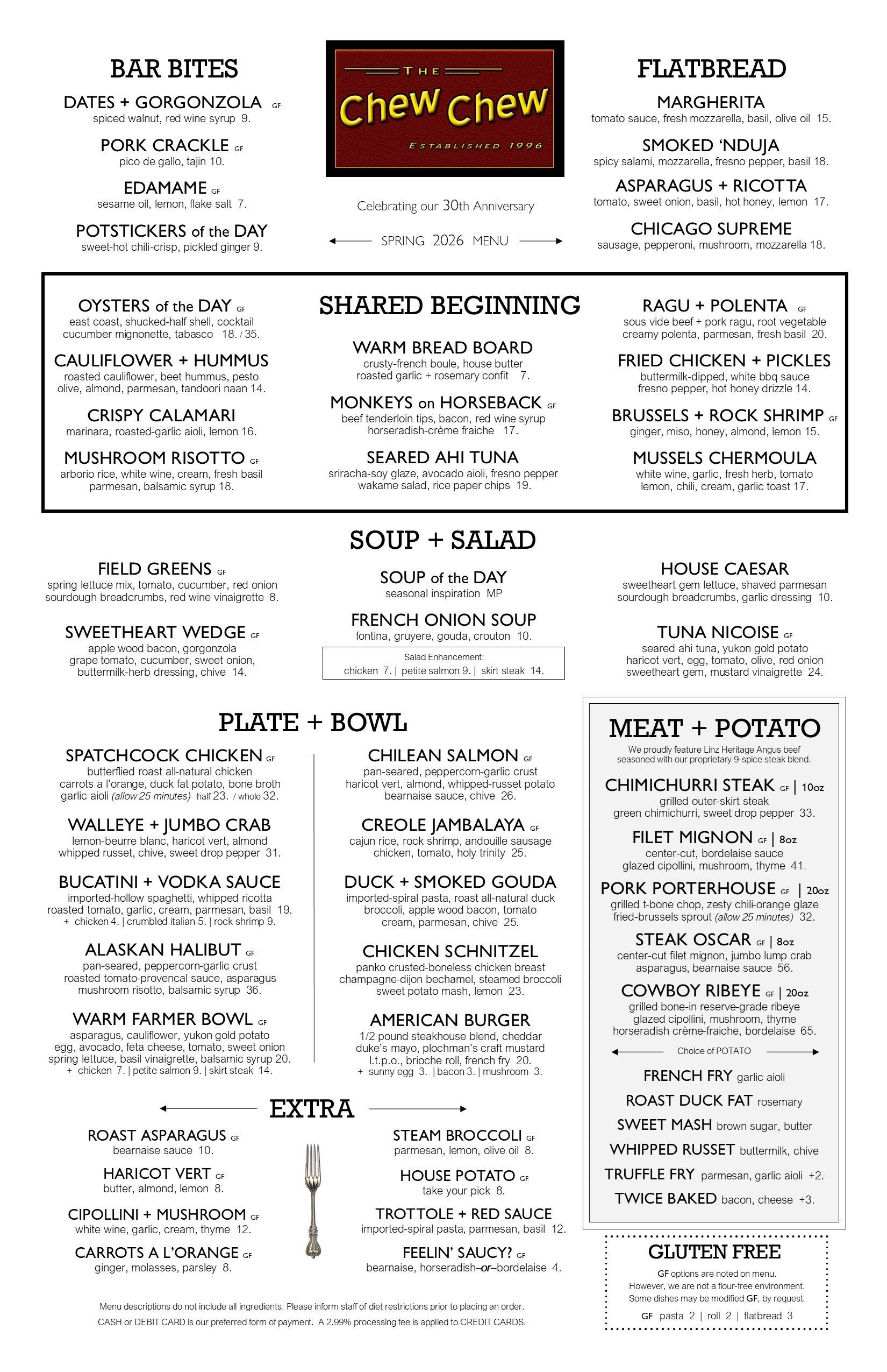 Chew Chew restaurant menu with sections for starters, main dishes, burgers, pasta, and sides.