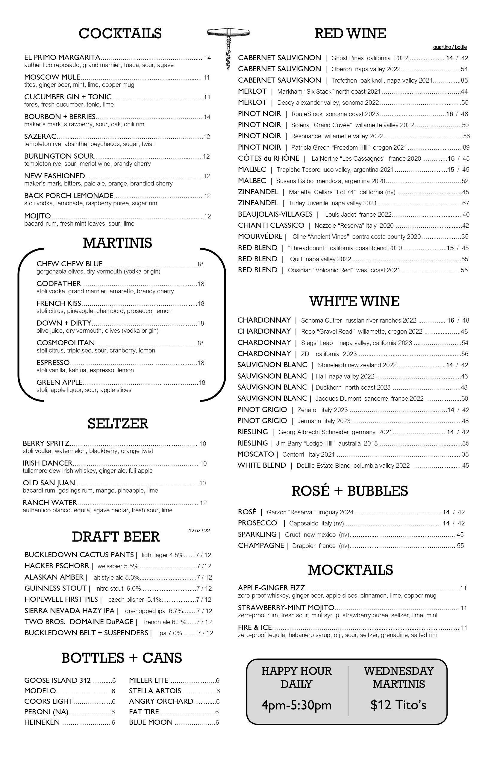 Menu with cocktail, wine, beer, and non-alcoholic drink options.
