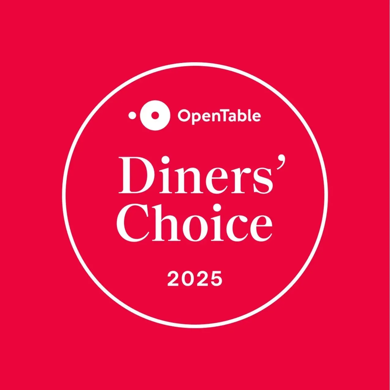 OpenTable Diners' Choice award logo, white text on red background, white circle outline, year 2025.