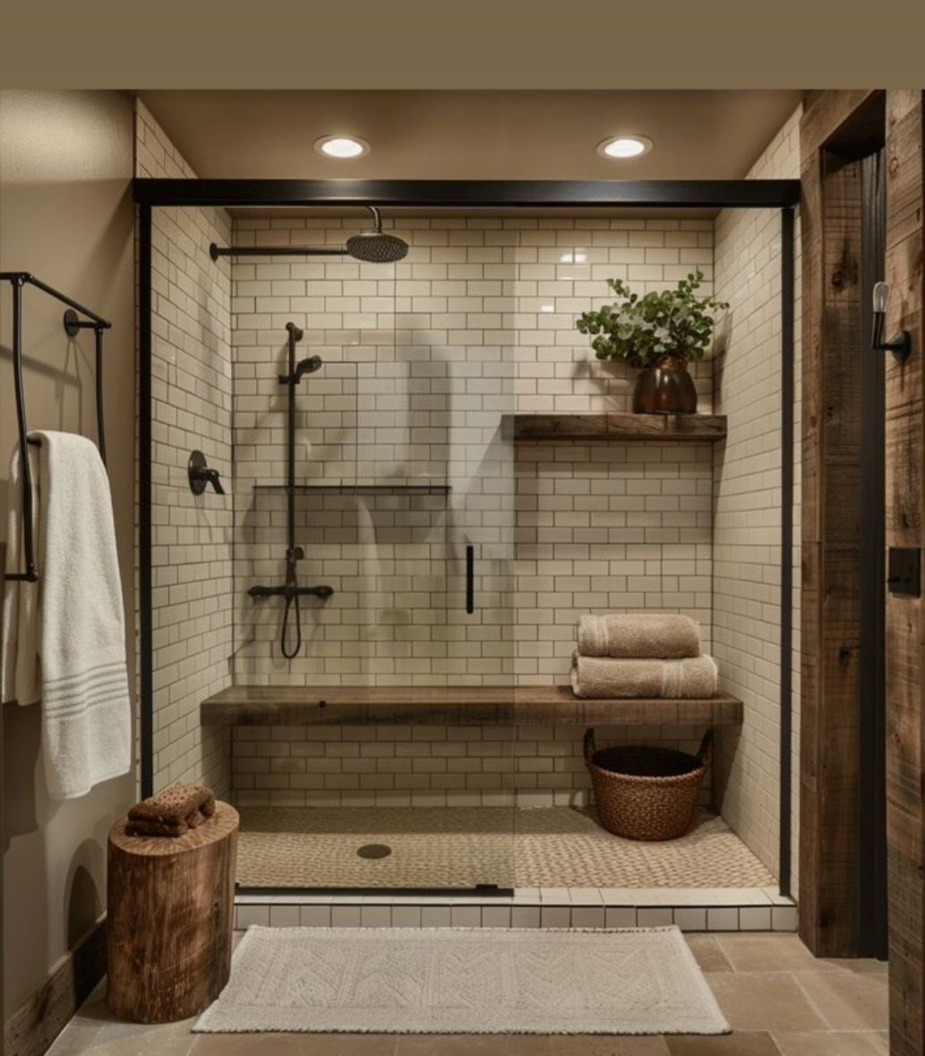 Rustic shower with glass enclosure, subway tile, wooden bench, and towel rack.
