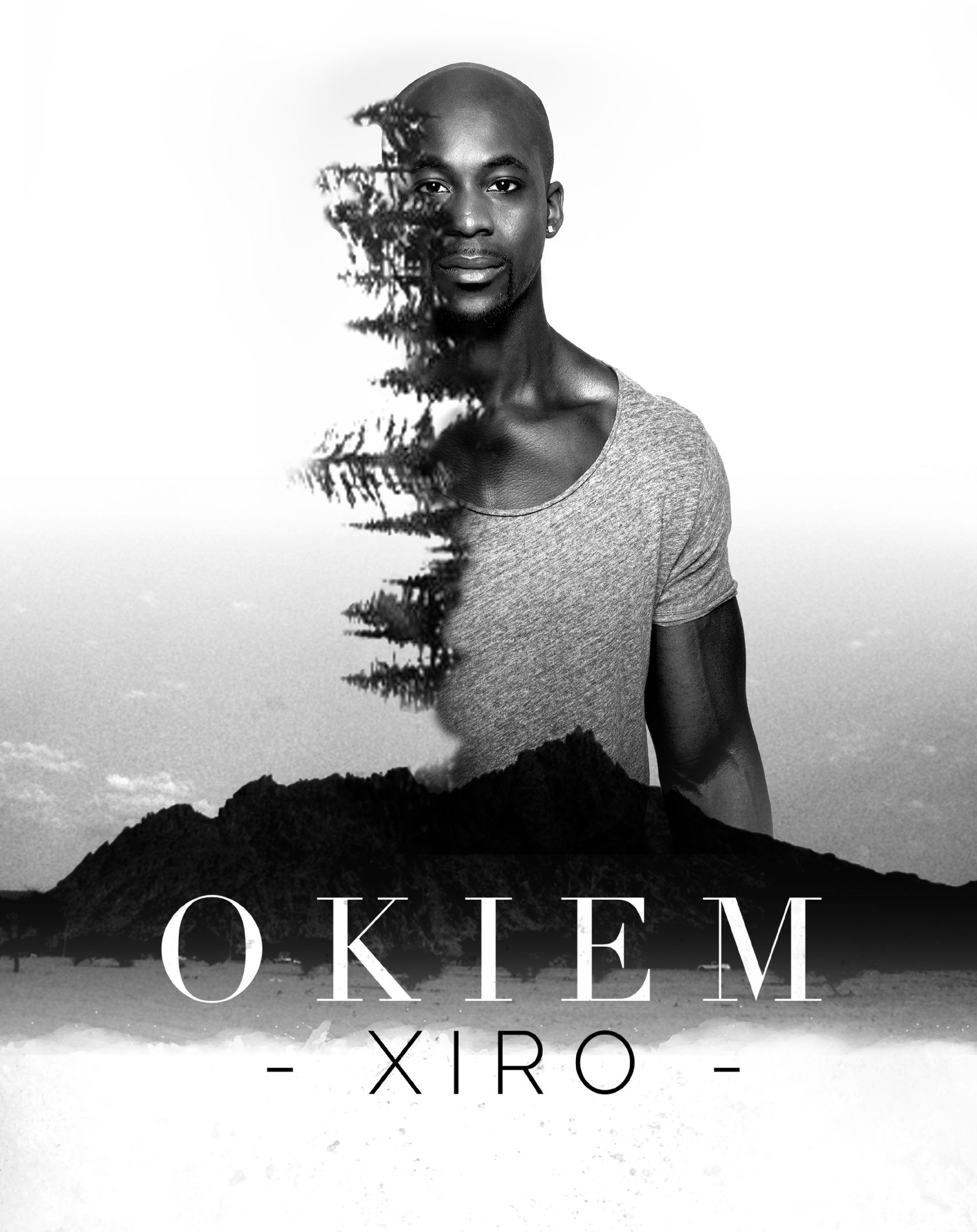 Man with tree-like texture overlay, standing before a mountain landscape. The name 