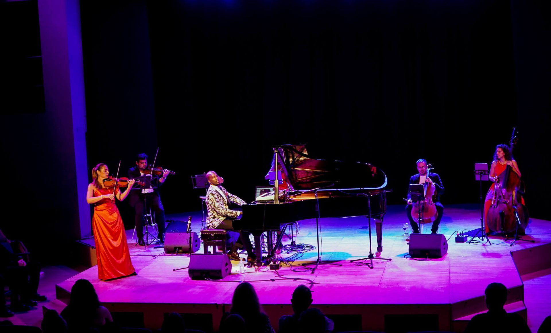 A musical performance on stage: pianist and string quartet lit by purple light. Audience visible.
