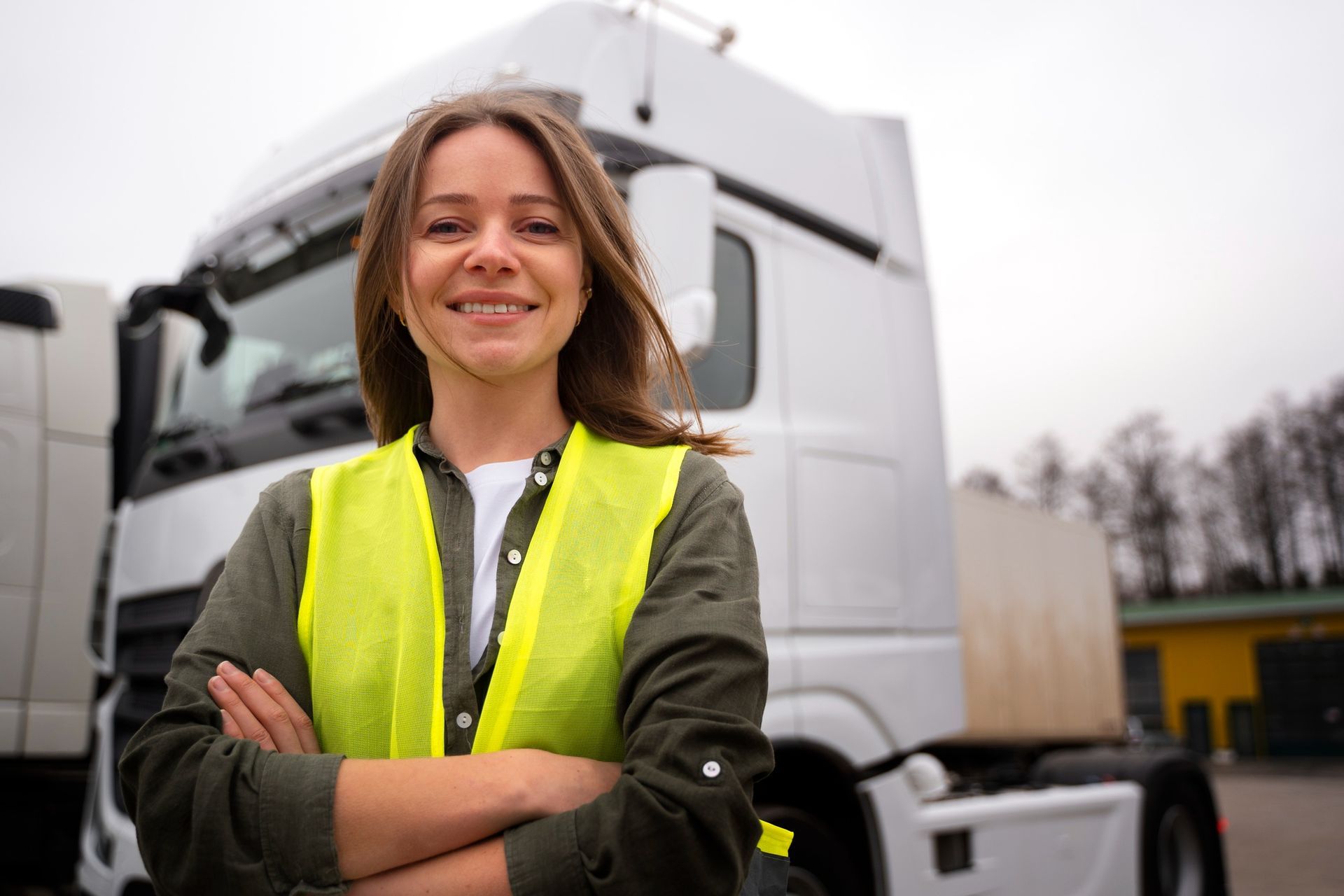 A woman is standing in front of a semi truck with her arms crossed.