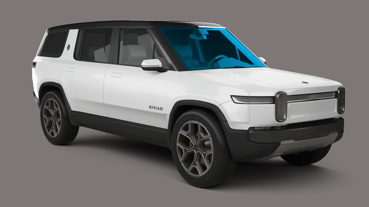 A white suv with a blue windshield is on a gray background.