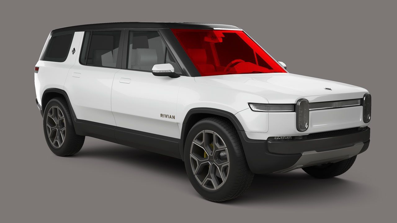 A white suv with a red windshield on a gray background.