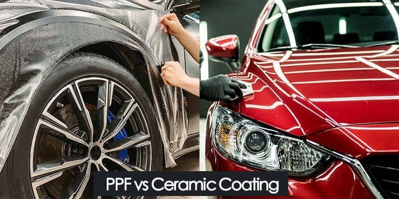 Side-by-side comparison of paint protection film (PPF) and ceramic coating application on cars.