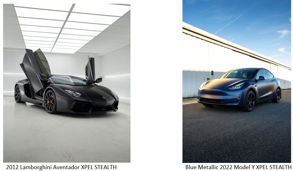 A lamborghini aventador and a tesla model y are shown side by side.