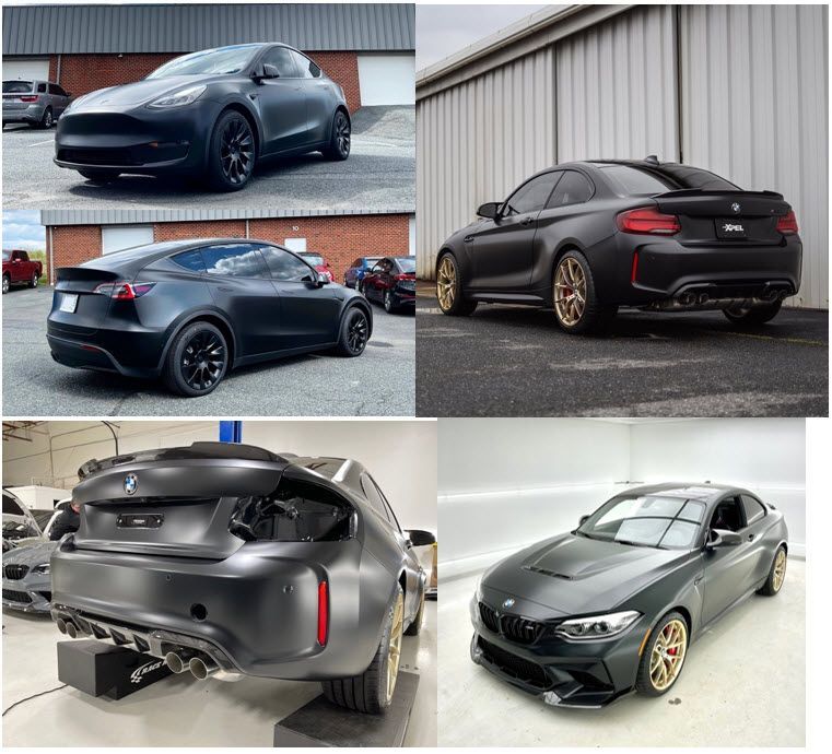 A collage of four pictures of a tesla model y and a bmw m2