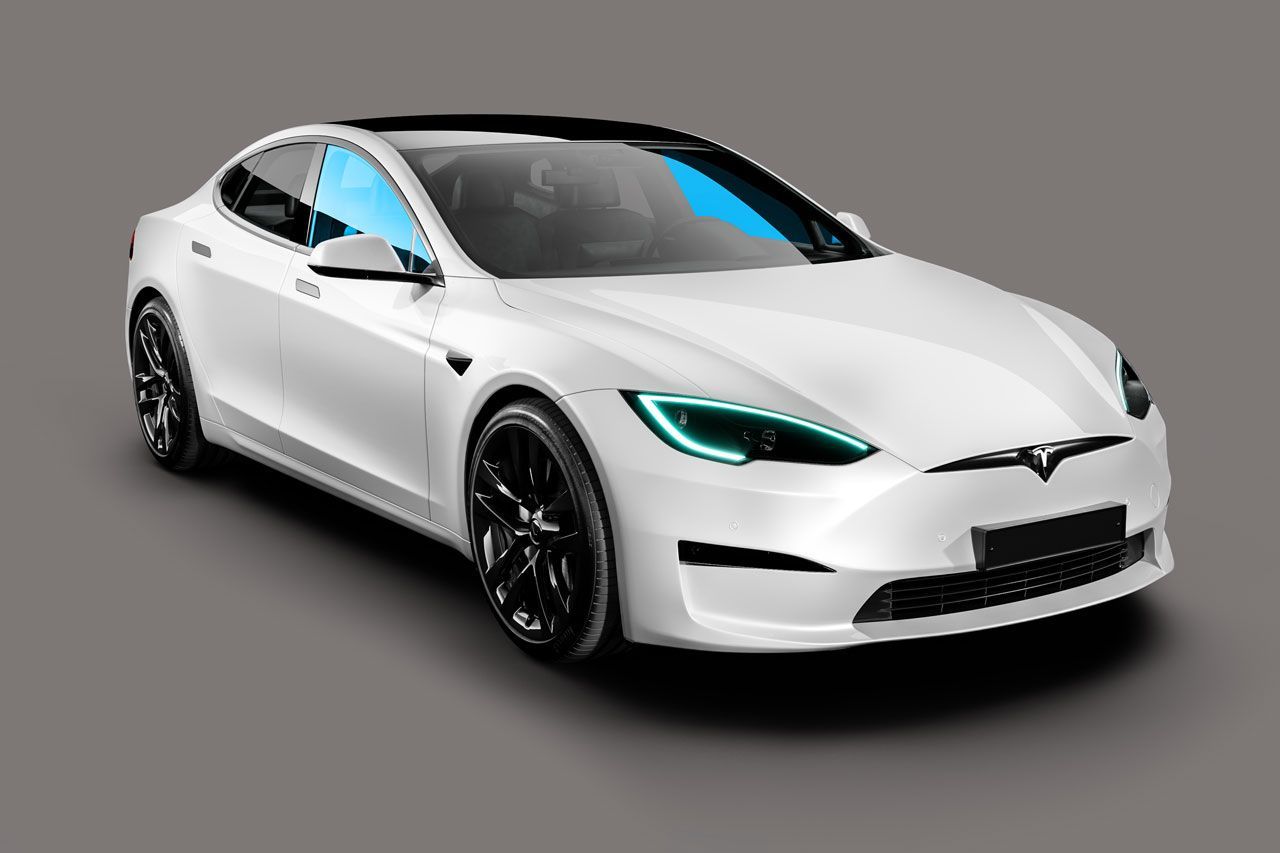 A white tesla model s with a blue windshield on a gray background.