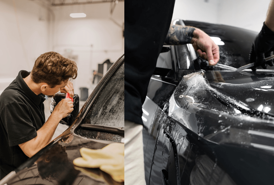 A man is wrapping a car with a protective film.