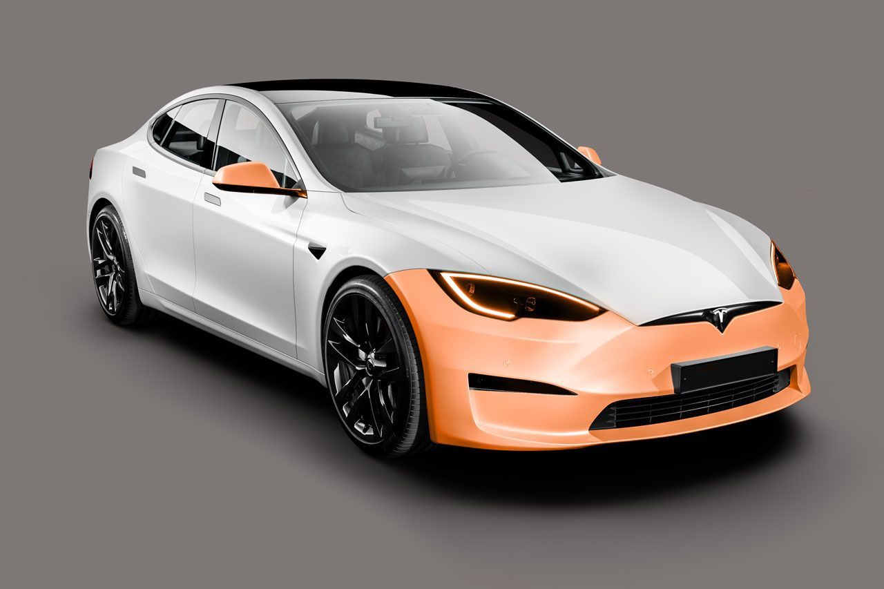 A white Tesla sedan shown on a gray background, with the front bumper and side mirror highlighted in peach.