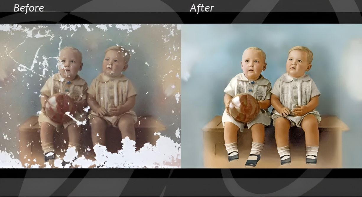A Before and After Picture of Two Babies Sitting Next to Each Other - The Picture Framer In Parramatta Park, QLD