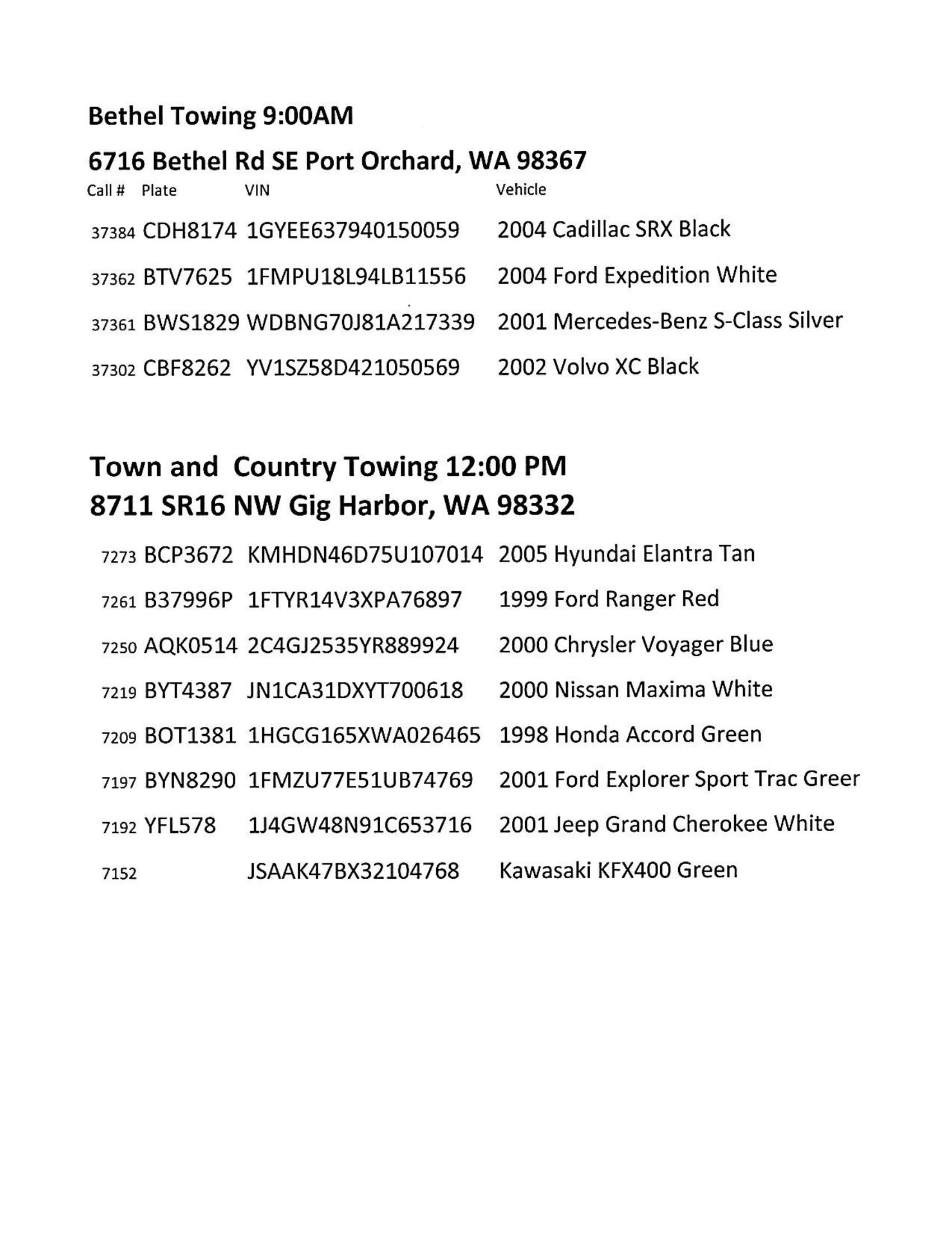 Auction Vehicles Port Orchard, WA Bethel Towing