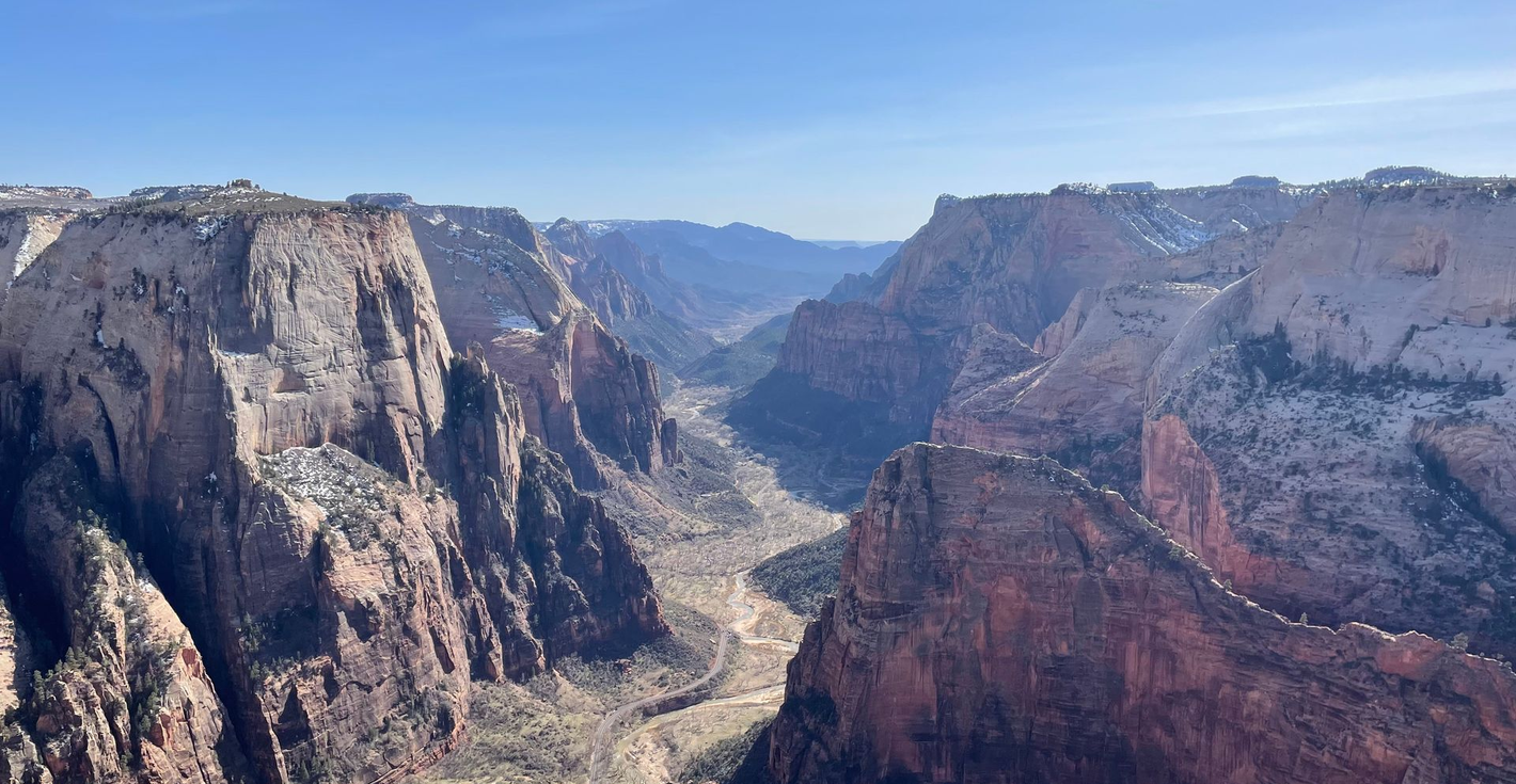 A picture taken from the Observation Point hike with a view of Angels Landing in Zion National Park, Utah.