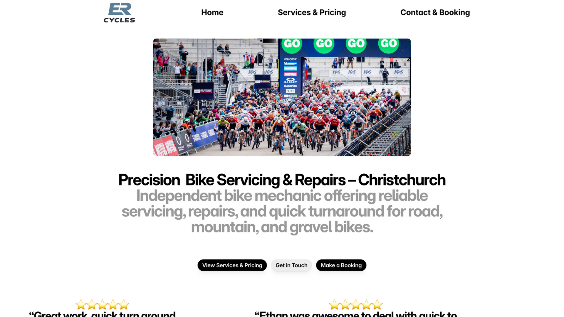 Website promoting bike servicing and repairs in Christchurch with a race photo in the background.