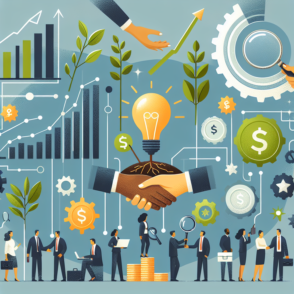 Illustration of business collaboration with graphs, gears, money symbols, and a glowing lightbulb 