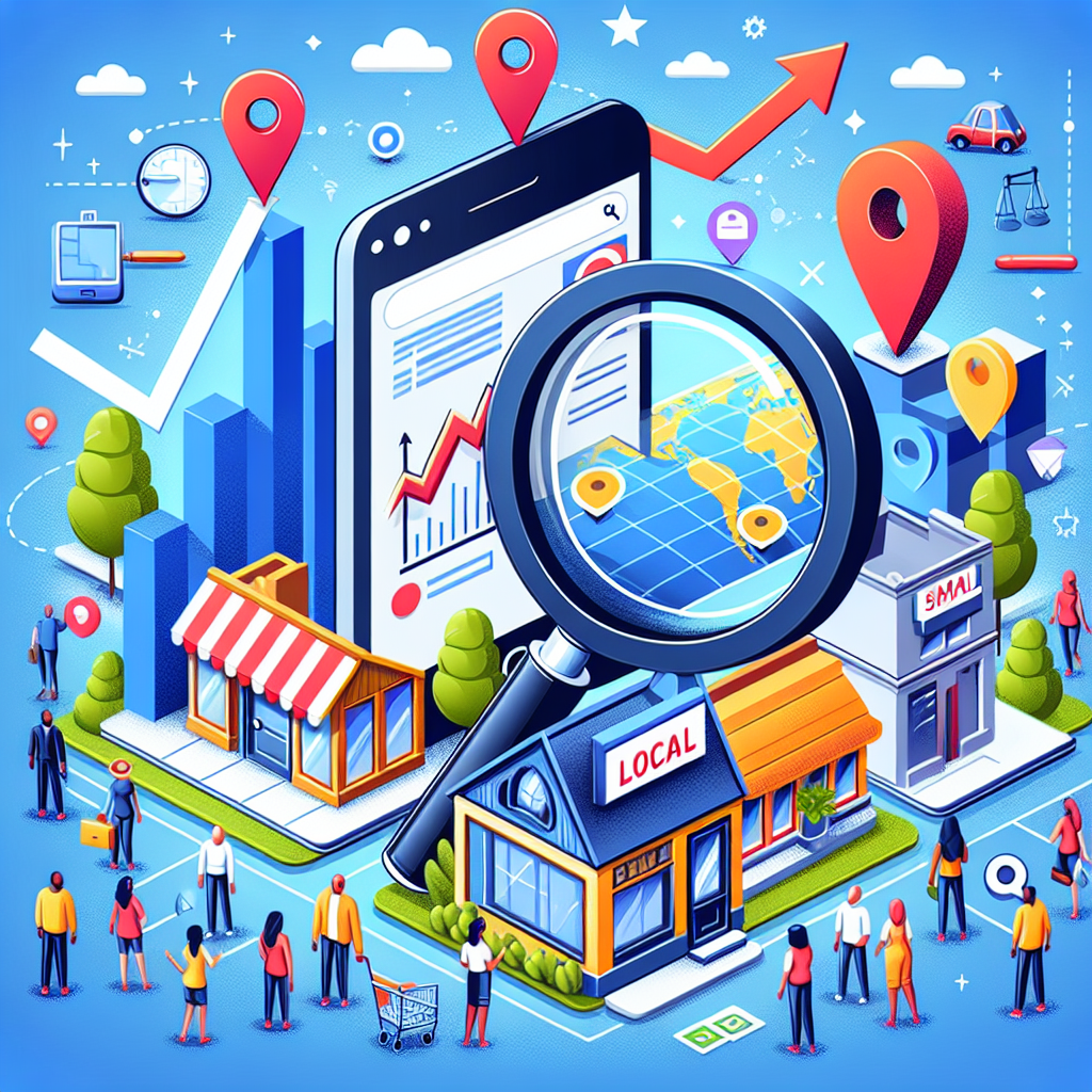 Local SEO boosts business growth.  illustration of a city with a magnifying glass and a cell phone. 