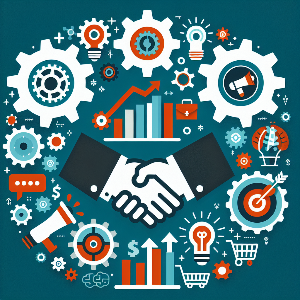 A handshake surrounded by gears and icons on a blue background.