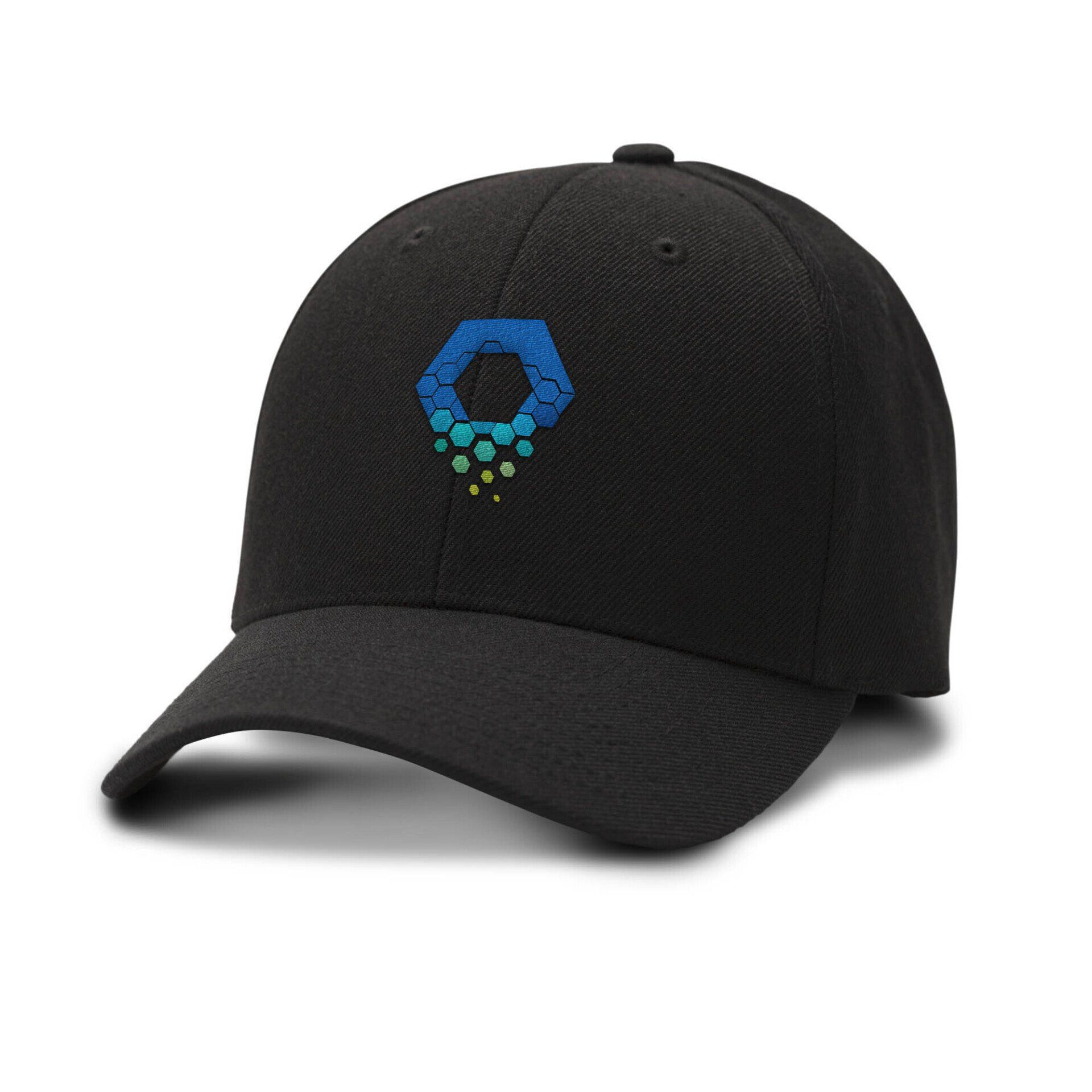 a black baseball cap with a blue logo on it