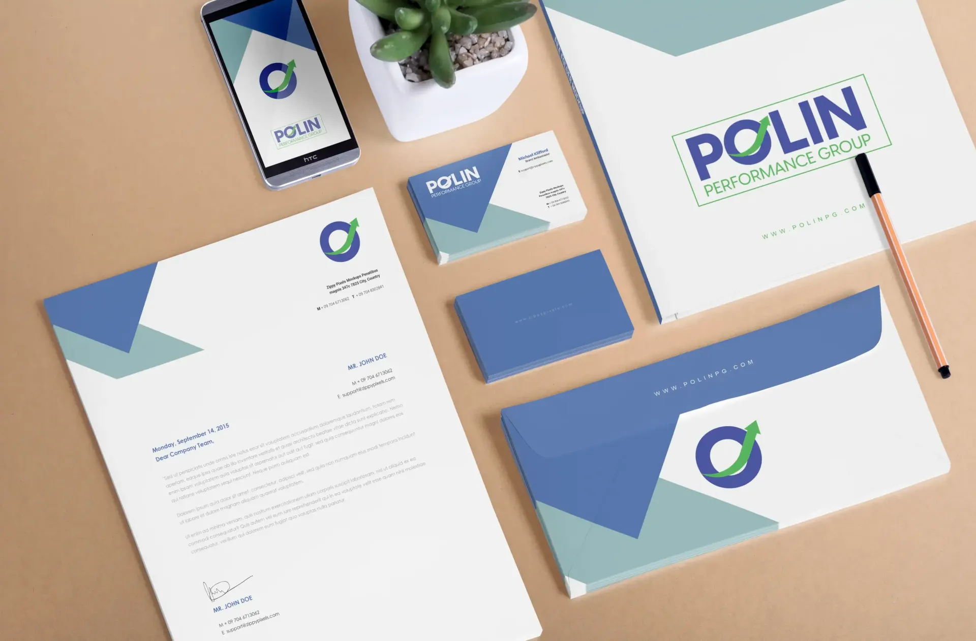 a mockup of a business identity for polin performance group