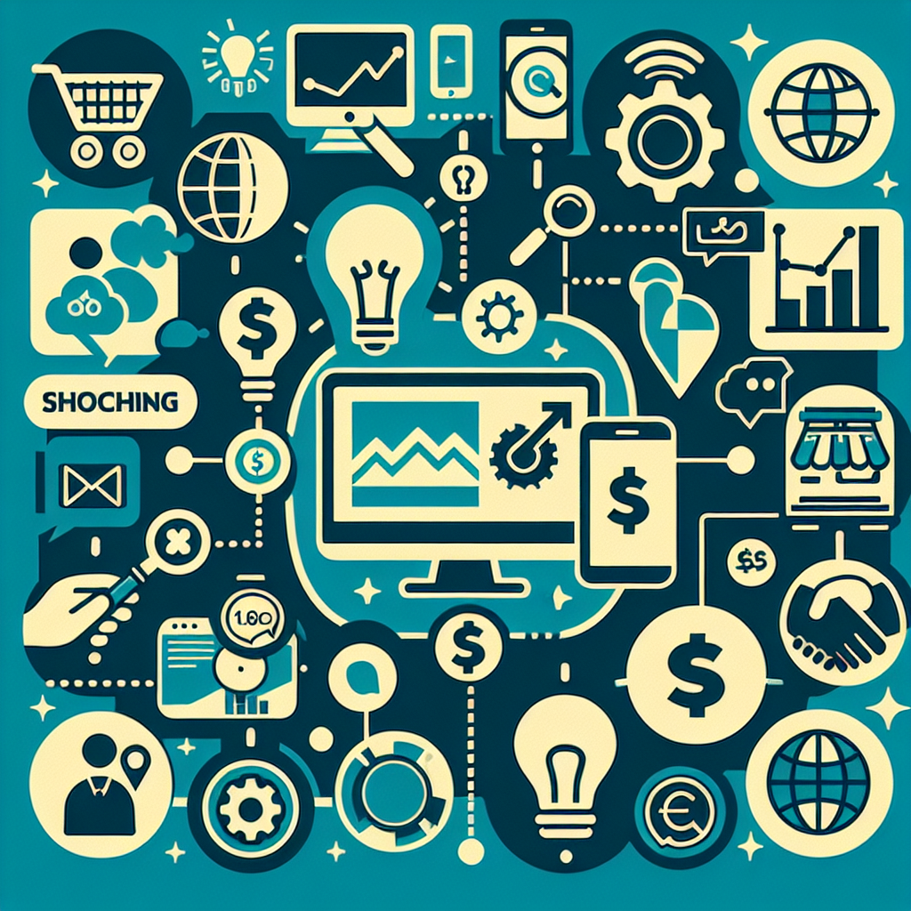 Stylized illustration of digital marketing, e-commerce, and financial icons interconnected in a comp
