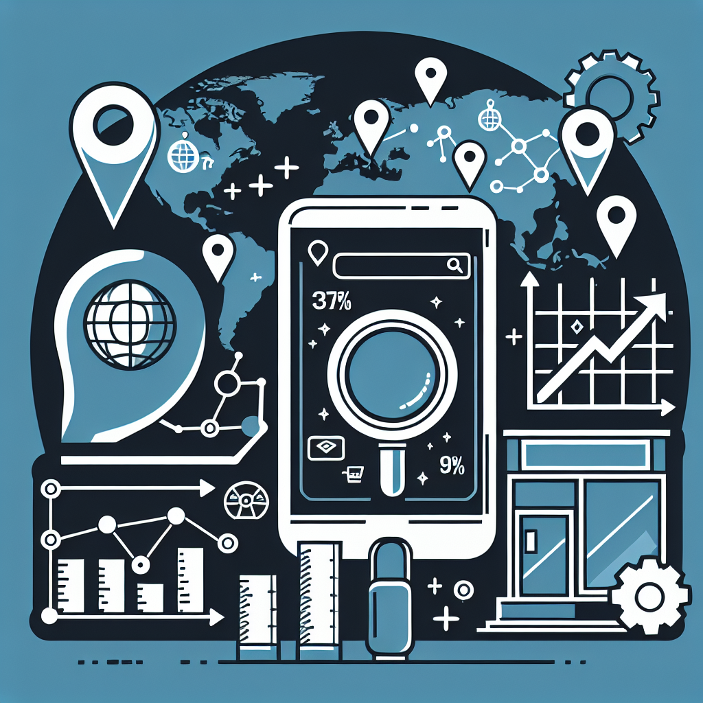 Stylized graphic of local SEO concepts with a smartphone, location pins, graphs, and global map.