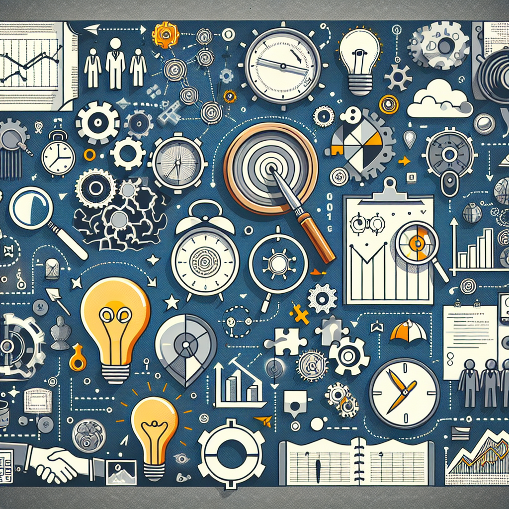 Collage of business icons including clocks, graphs, lightbulbs, gears, and magnifying glasses.