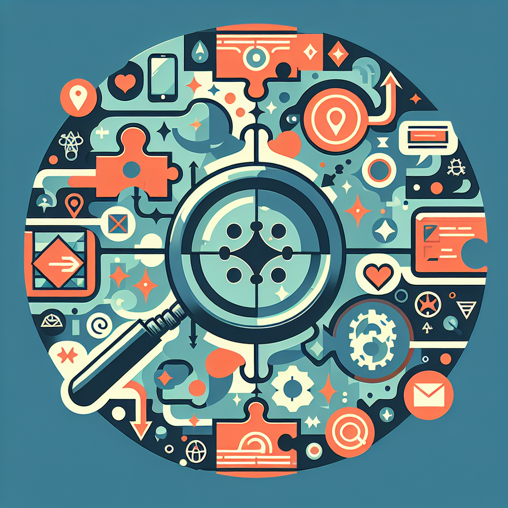 Abstract illustration of a magnifying glass over interconnected symbols, gears, and data icons.