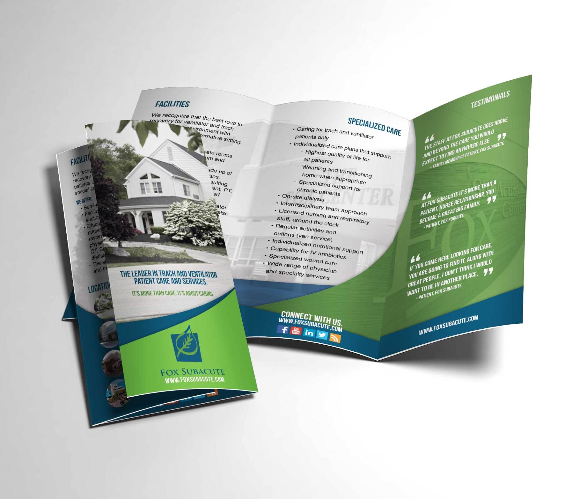 a green and blue brochure with a picture of a house on it