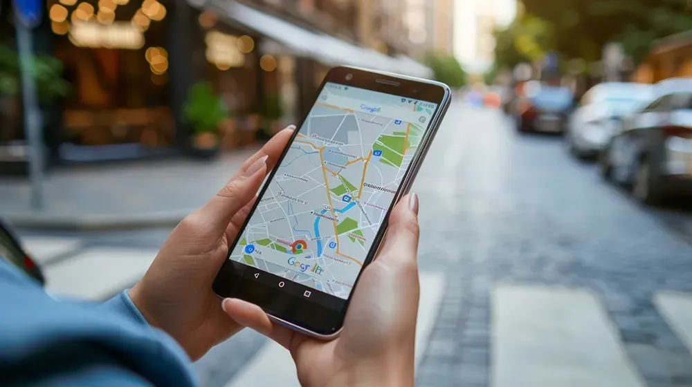 A person is holding a cell phone with a map on it.