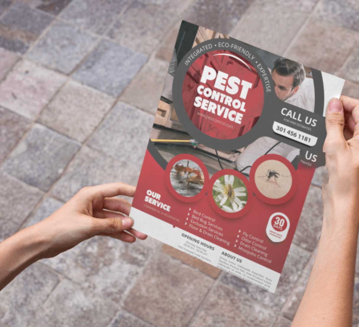 a person is holding a flyer for a pest control service