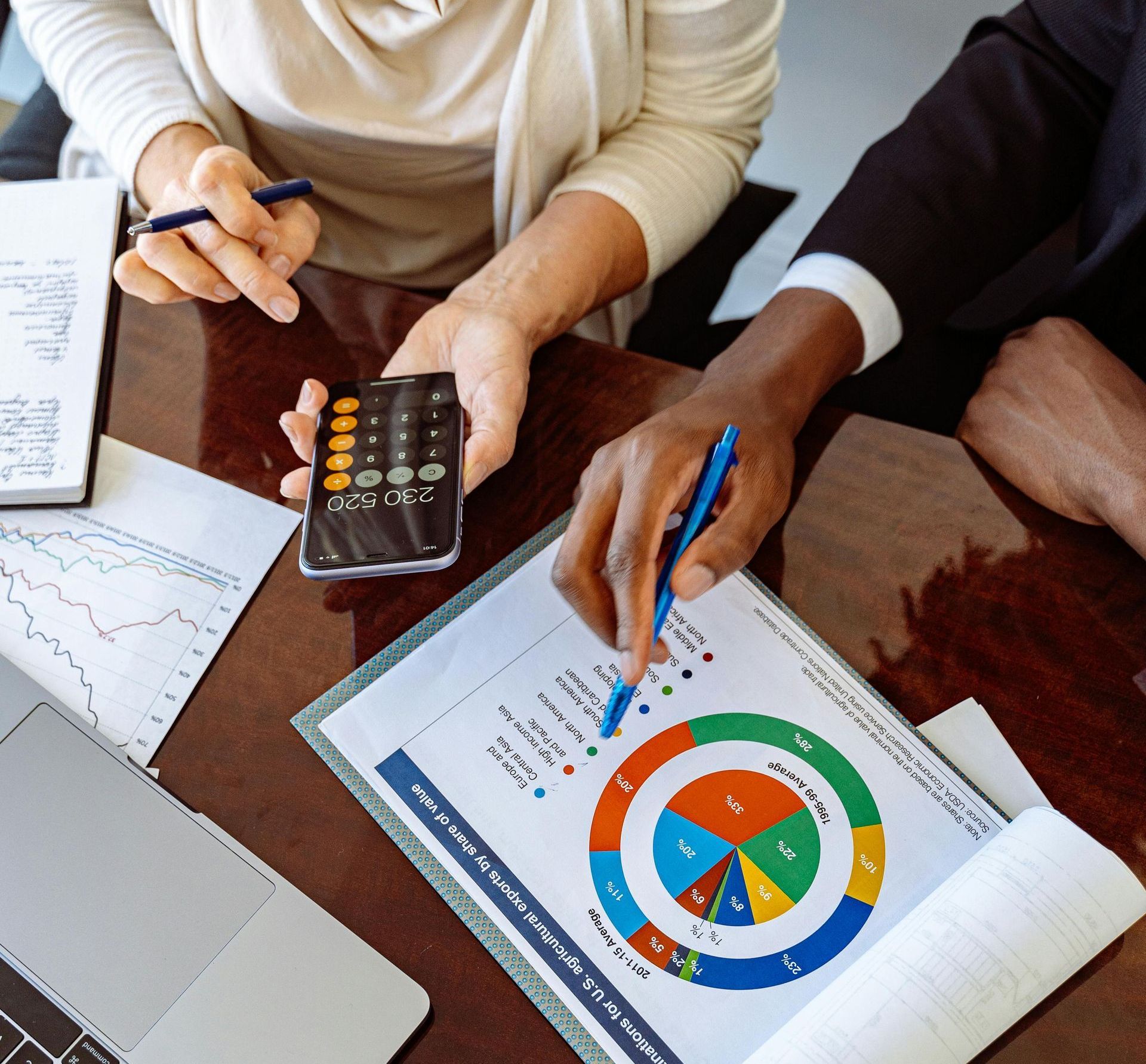 A man is using a calculator while a woman looks at a pie chart