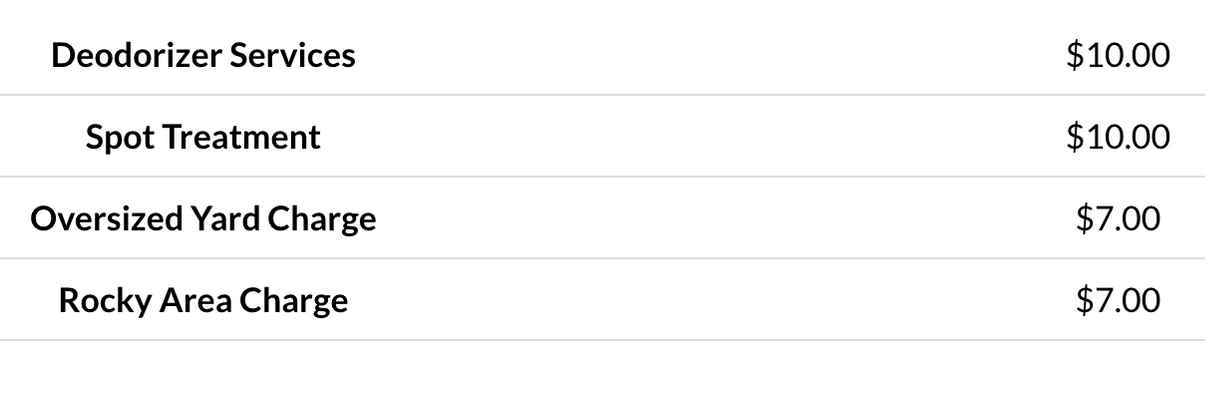 A table listing four service charges: Deodorizer Services ($15.00), Spot Treatment ($10.00), Overload Yard Charge ($7.00), and Rocky Area Charge ($7.00).