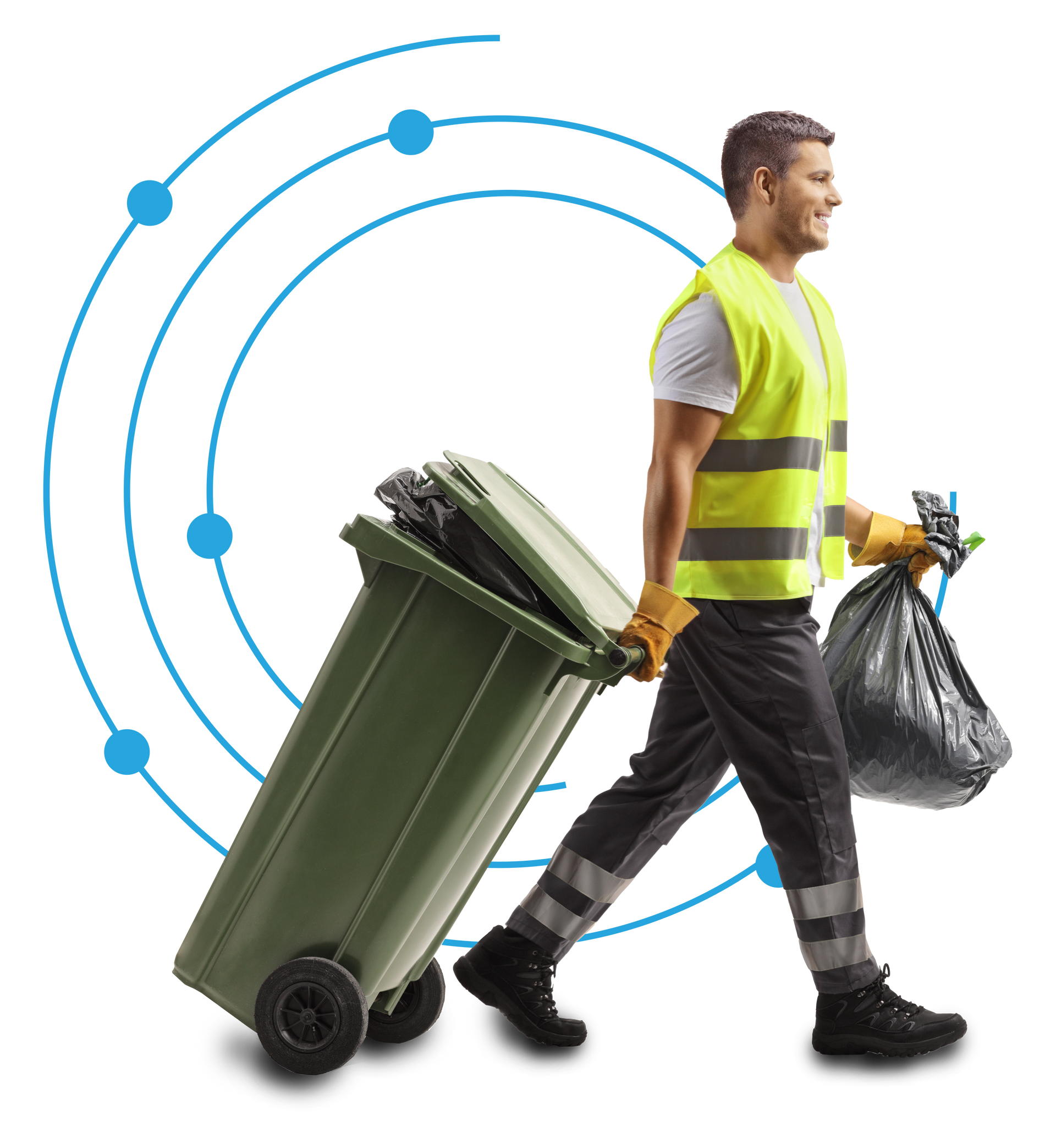 A man in a yellow vest is pushing a green trash can and carrying a black bag.