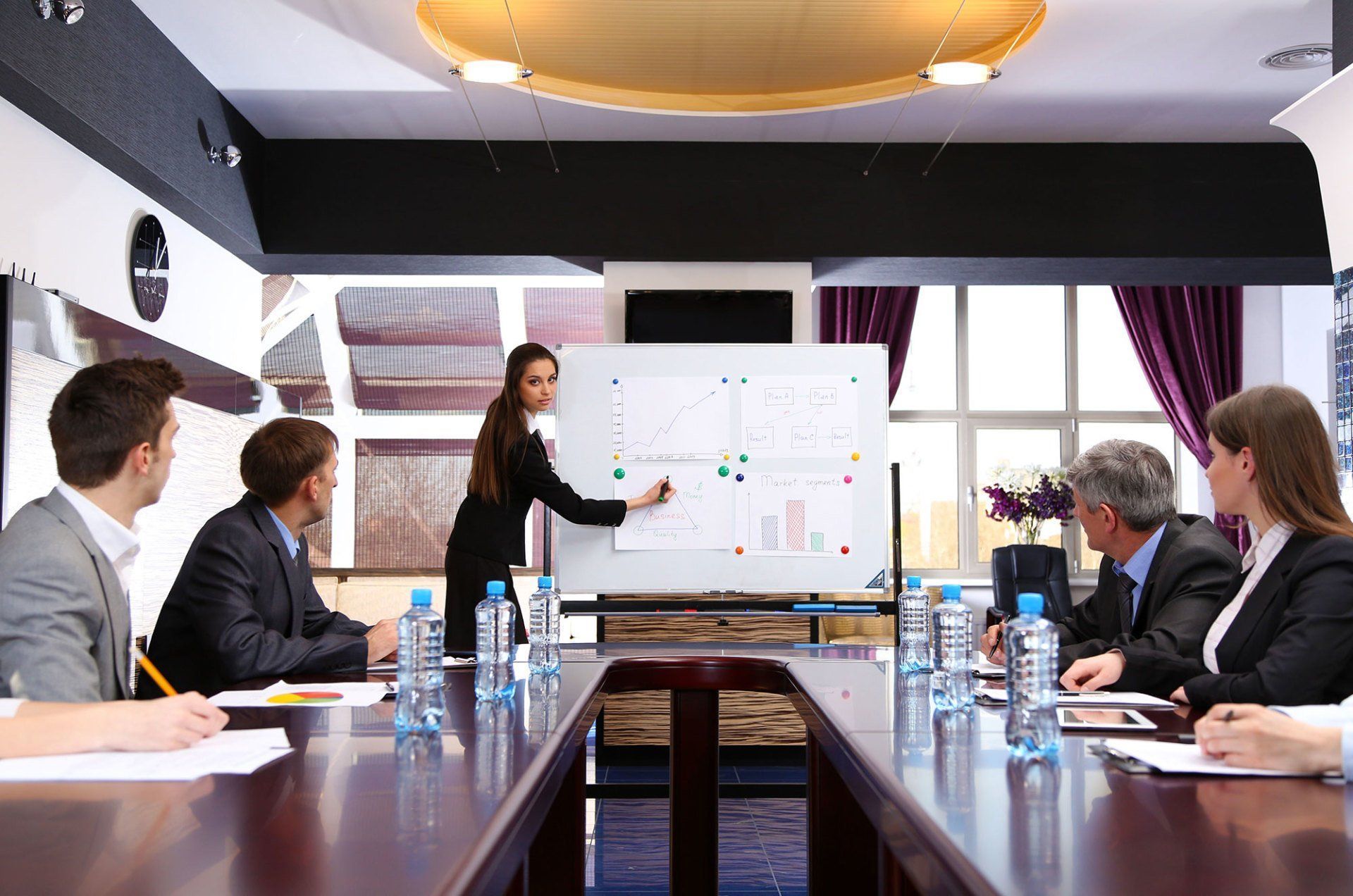 Woman presenting at a meeting, pointing to a whiteboard with charts, other attendees at a table.