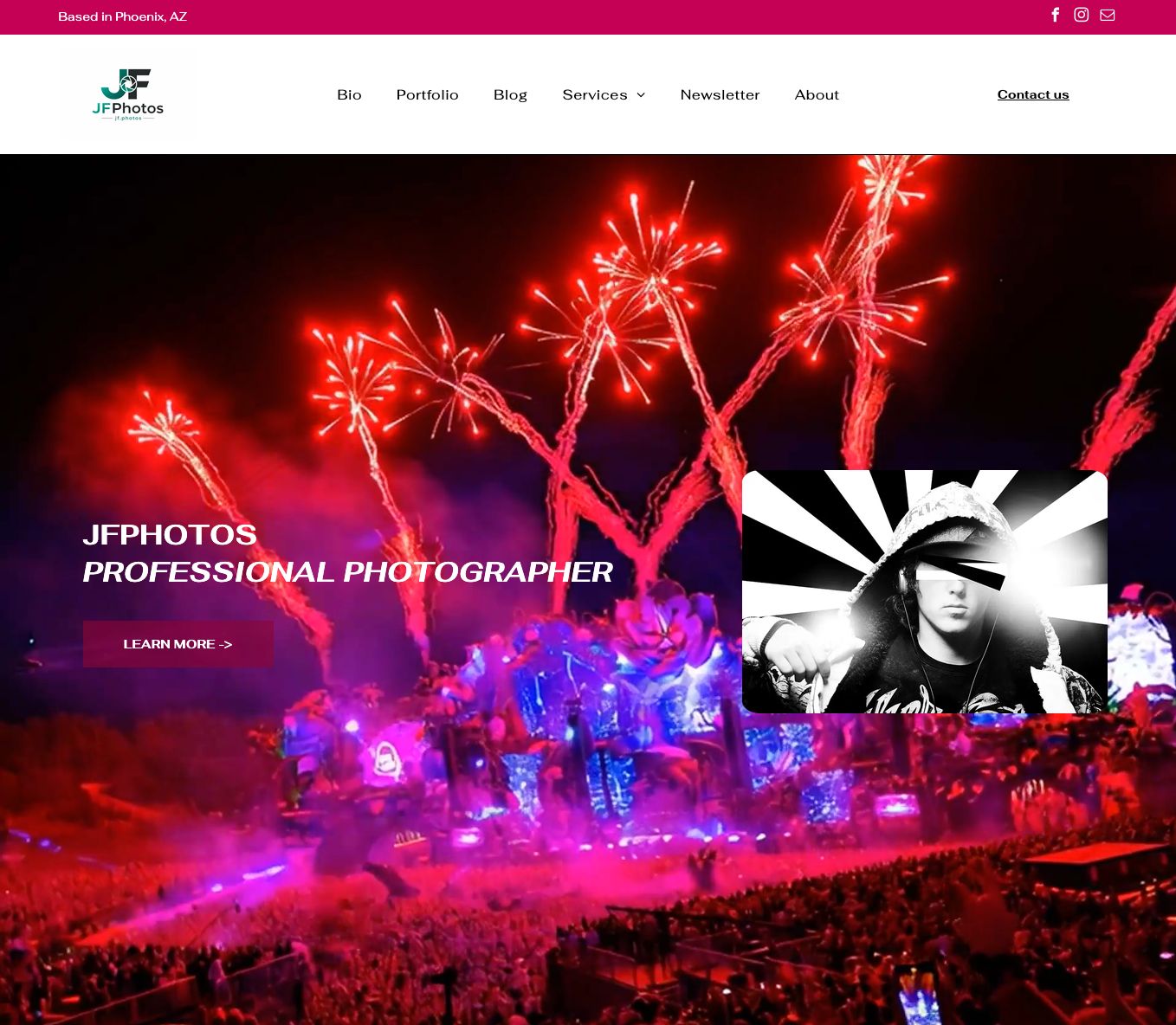 Website homepage for JPHOTOS Professional Photography with a colorful fireworks concert scene and portrait inset