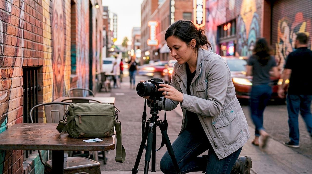 Person adjusting a camera on a tripod beside a table in a colorful brick alleyway.