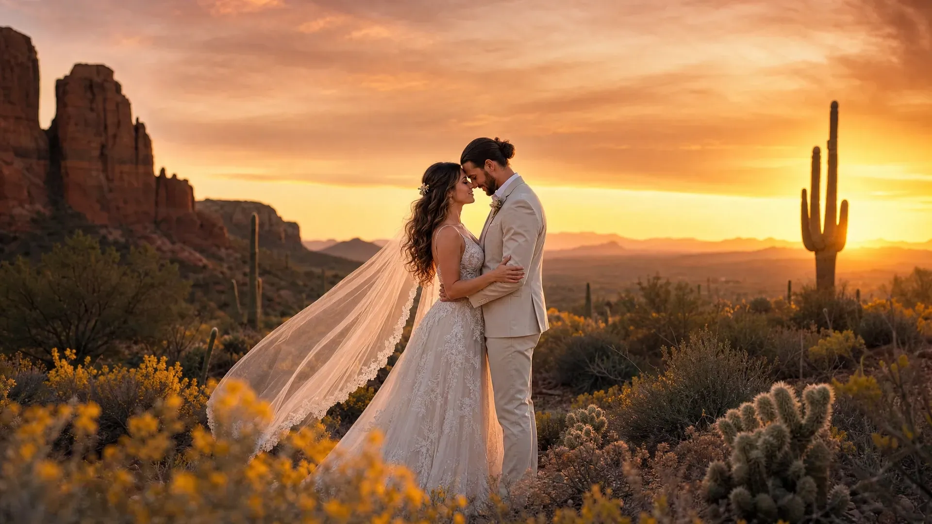Couple kissing in a desert sunset, surrounded by cacti and wildflowers, with rocky cliffs in the background