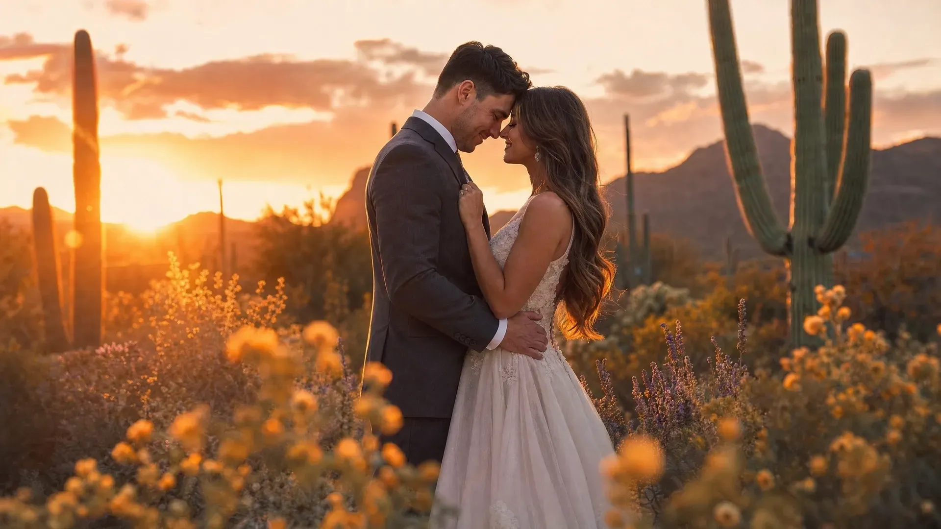 Couple embracing at sunset in a desert with cacti and warm golden light