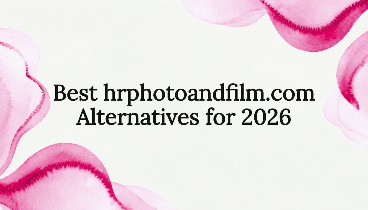 Text reading “Best hrphotoandfilm.com Alternatives for 2026” on a white background with pink abstract swirls.