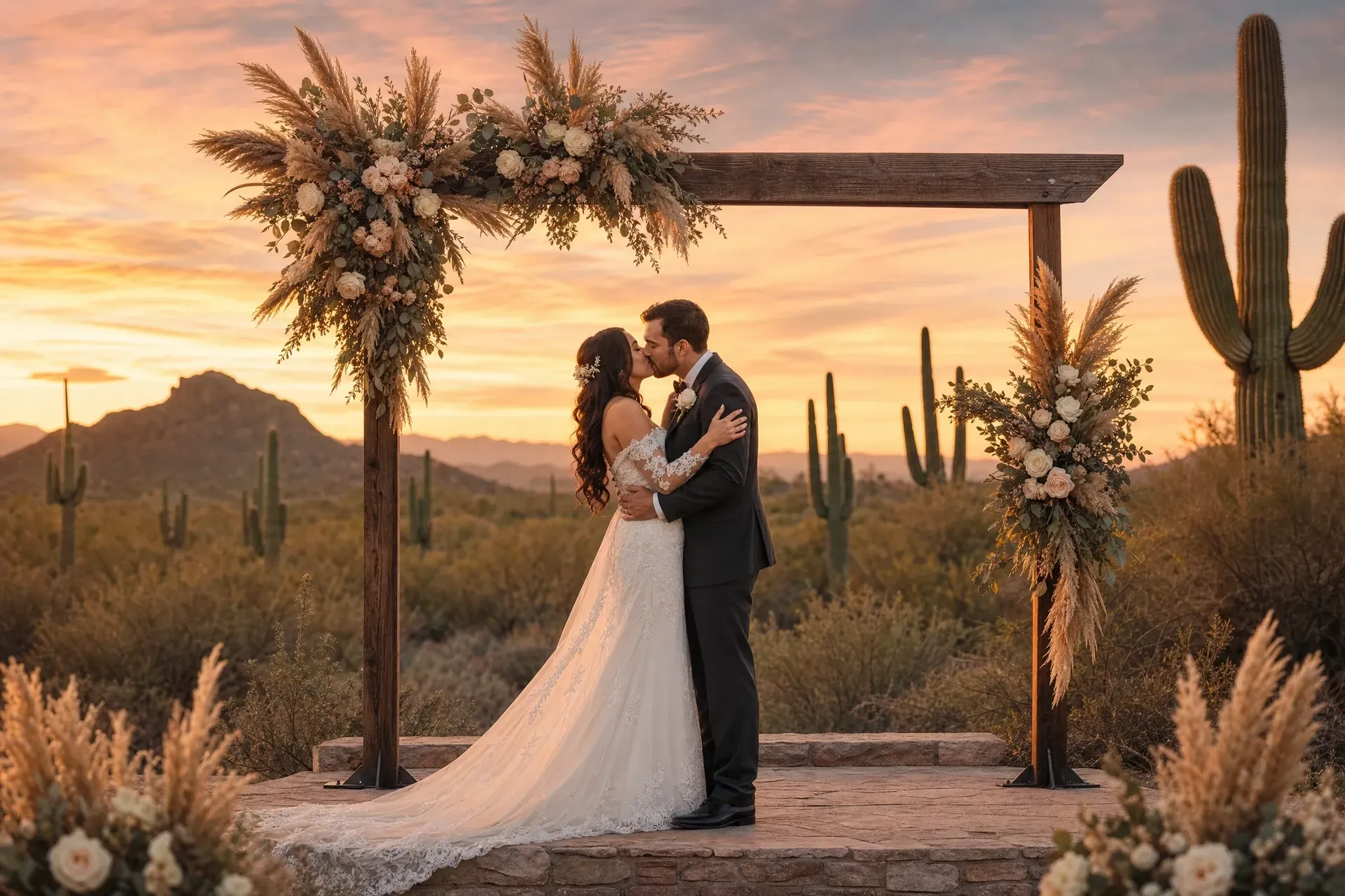 Couple embracing under a floral wedding arch at sunset in a desert landscape