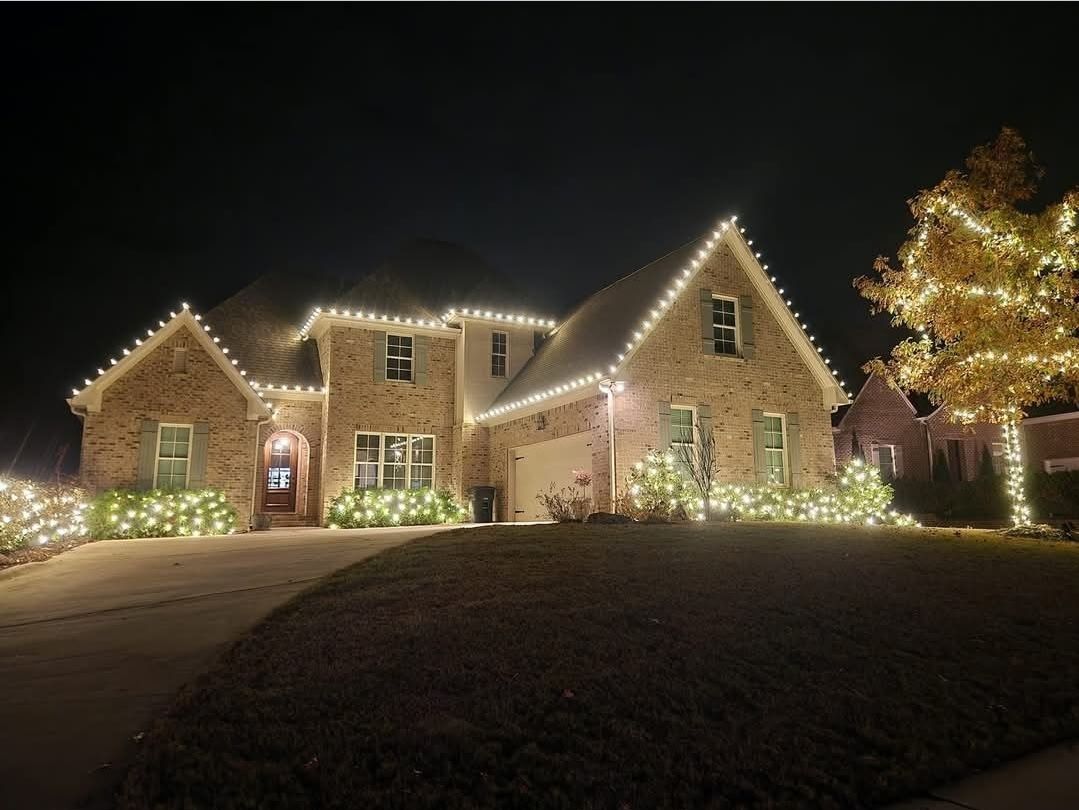 A house at night, with warm white Christmas lights outlining the roof and bushes, and wrapped around a tree.